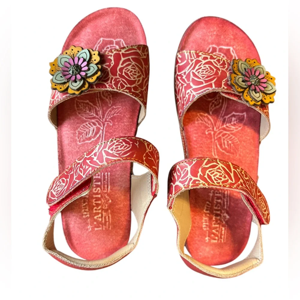 LARTISTE by Spring Step Leather Wedge Sandals Red Women 6.5 - 7 EU 37